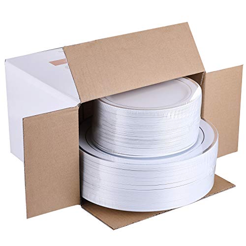 Focusline 102 Pcs Plastic Party Plates With Silver Rim, Disposable Heavey Weight Plates For Wedding, 51 Heavy Duty 10 Inch Dinner Plates And 51 Disposable 7 Inch Dessert Plates #TOP6