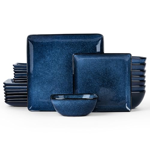 E-far Square Dinnerware Sets for 8, 24-Piece Stoneware Plates and Bowls Dishes Set, Reactive Glaze Porcelain Dishware Sets, Chip & Scratch Resistant, Microwave & Dishwasher Safe, Deep Sea Blue