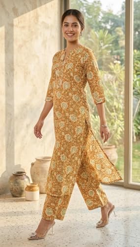 Image of ???? Women s Cotton A-Line Kurta Palazzo Set | Printed Ethnic Co-Ord Set for Office Wear & Festive Look | Comfortable Breathable Fabric Kurti Pant Set for Women, Regular Fit