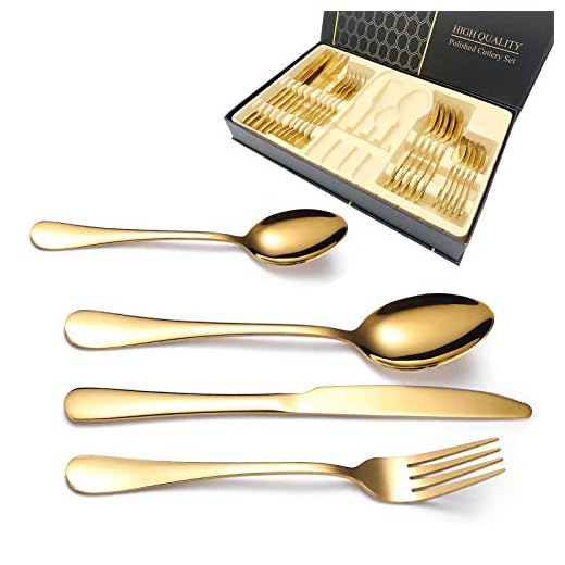 Emsmil 24 pièces Couverts de Table Dorés INOX Servant pour 6 Personnes Moderne en Acier Inoxydable Or Ensemble de Couvert Réutilisables Poli Miroir Design