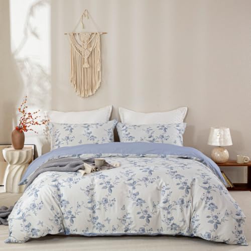 OAITE Twin Duvet Cover Set 3pcs 100% Cotton Vintage Blue Rose Floral