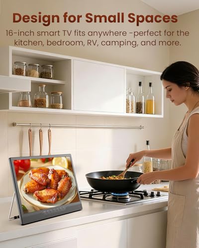 Desobry 16 Inch Small Smart TV, LCD Small Kitchen TV with WiFi, Bulit-in 180°Adjustable Stand/ATSC Tuner/HDMI/AV/USB for Camping, Bedroom, RV, Patio, Indoor & Outdoor Use - Image 3
