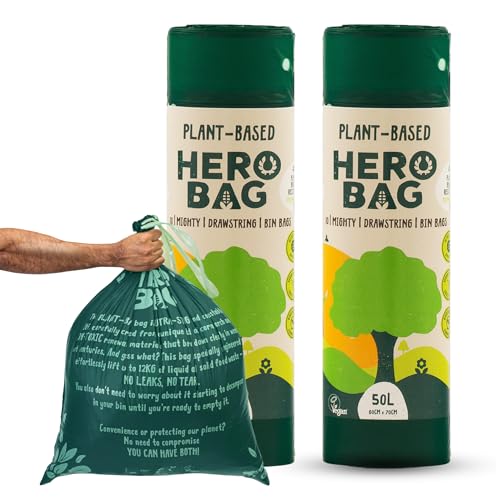 HERO BAG 50L Plant-Based Heavy Duty Kitchen Bin Bags with Drawstrings, Extra Strong, No Leaks, Biodegradable, Compostable, Vegan Cruelty Free, Recycling Trash Liners Clear and Black Bin Bags, 20 Count