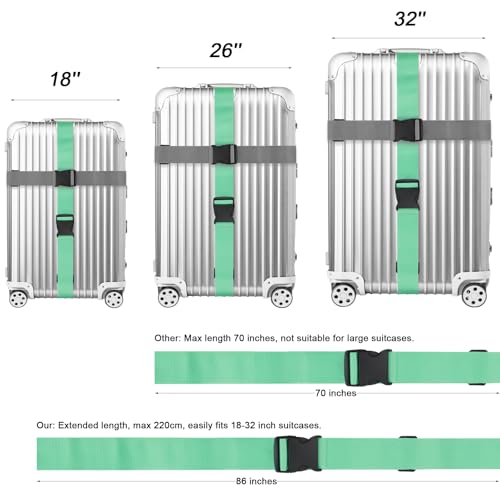 4 Pack Luggage Straps for suitcases-4 pcs Extra Long Suitcase Straps TSA Approved Luggage Belt with Buckle, Adjustable Travel Belt for Luggage for 20'' - 32'' Suitcases (Mint Green and Grey)