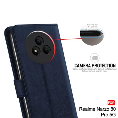 Image of TheGiftKart Flip Cover Back Case for Realme Narzo 80 Pro 5G | Genuine Leather Finish | Designer Button | Inbuilt Pockets & Stand | Wallet Style Flip Back Cover for Narzo 80 Pro (Faux Leather, Blue)