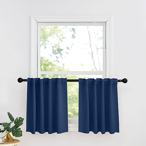 Image of RYB HOME Small Window Curtains - Blackout Insualting Privacy Curtains for Kids Bedroom Kitchen Bathroom Basement Cafe Cabinet Tiers Drapes, 34 Width x 24 Length, 2 Panels, Navy Blue