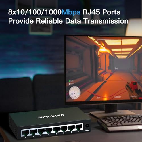 Image of 8 Port Gigabit Unmanaged Ethernet Switch, AUMOX PRO Home Network Hub, Office Ethernet Splitter, Plug-and-Play, Silent Operation, Desktop or Wall Mount, Fanless Metal Design