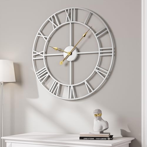 30 Inch Large Wall Clock, Modern Silver Metal Big Decorative Wall Clock Home Decor, Battery-Operated Roman Numeral Analog Metal Round Wall Clocks for Living Room, Bedroom, Office 30 Inch Large Wall Clock, Modern Silver Metal Big Decorative Wall Clock Home Decor, Battery-Operated Roman Numeral Analog Metal Round Wall Clocks for Living Room, Bedroom, Office