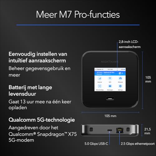 NETGEAR Nighthawk M7 Pro Mobiler Hotspot-Router 5G, entsperrt, Internationales Roaming in 125 L&auml;ndern, WiFi 7, tragbares Ger&auml;t f&uuml;r Reisen, 13 Stunden Akkulaufzeit (MR7450)