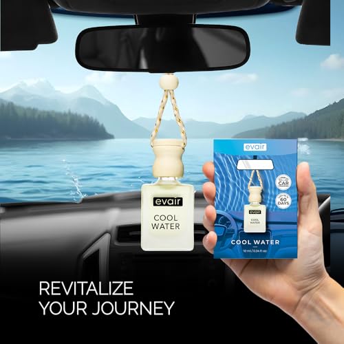 Image of Evair Cool Water Car Air Freshener, Car Aroma with Essential Oils, Hanging Perfume for Car in Glass Bottle with Wooden Diffuser Lid (10ml, Pack -1)