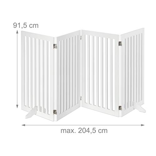Relaxdays Absperrgitter, HxB: 91,5 x 204,5 cm, 4 Panel, faltbar, mit Füßen, verstellbares Hunde Schutzgitter, MDF, weiß