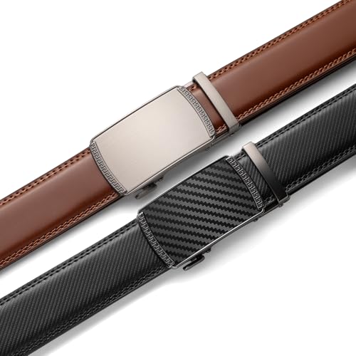 Image of Founders & C Mens Belt 2 Pack,Leather Ratchet Click Belt Dress with Slide Buckle 1 3 /8 inch in Gift Set Box- Size Adjustable