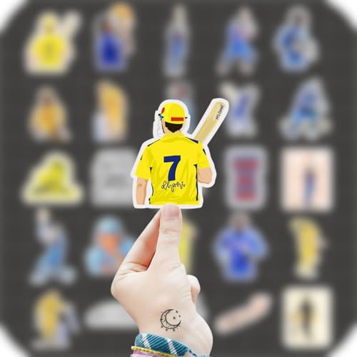 Image of MS Dhoni Stickers 25 Pcs - Cricket Waterproof Vinyl Sticker Pack for Laptop, Mobile, Bike, Helmet, Car & Bottle | Dhoni Fan Merchandise Gift Collection CSK Stickers