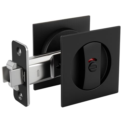 goldenwarm Matte Black Square Pocket Door Lock with Indicator, Pocket Door Hardware for 2-1/8'' Round Bore Hole, Pocket Door Handles Fit 1-1/4'' to 2'' Thickness Sliding Door 2-3/8'' Latch 1 Pack