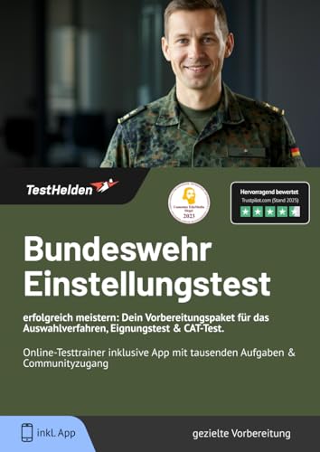 Bundeswehr Einstellungstest erfolgreich meistern: Dein Vorbereitungspaket für das Auswahlverfahren, Eignungstest & CAT-Test. Online-Testtrainer inklusive App mit tausenden Aufgaben & Communityzugang Bundeswehr Einstellungstest erfolgreich meistern: Dein Vorbereitungspaket für das Auswahlverfahren, Eignungstest & CAT-Test. Online-Testtrainer inklusive App mit tausenden Aufgaben & Communityzugang