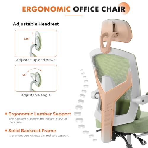 Image of Sweetcrispy Office Computer Desk Chair, Ergonomic High-Back Mesh Rolling Work Swivel Chairs with Wheels, Comfortable Lumbar Support, Comfy Arms for Home, Bedroom, Study, Student, Green
