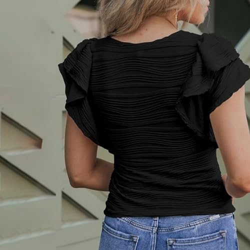 bephible Camiseta de manga corta con volantes y cuello redondo, plisada, para mujer, casual, color liso, blusa ajustada, Negro, 42