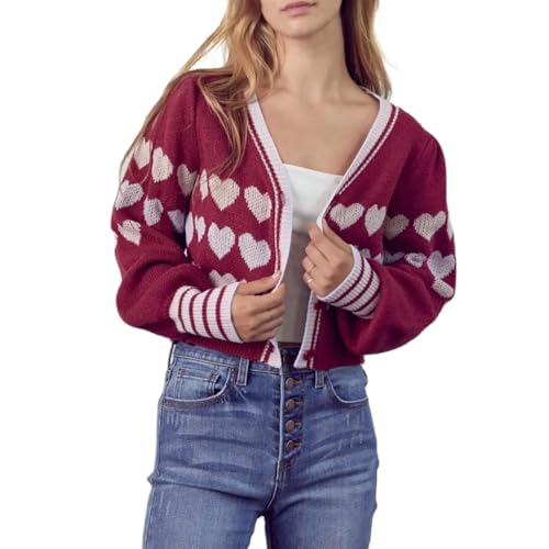 Image of Valentine's Day Cardigan Sweaters for Women Love Heart Print Button Down Cropped Cardigans Y2K Open Front Knit Sweater
