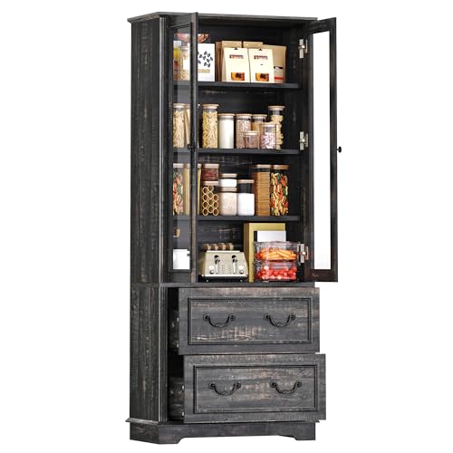 DWVO 76" Storage Cabinets, Freestanding Kitchen Pantry with Adjustable Shelves & Drawers, Farmhouse Glass Display Cabinets Tall Cupboard for Dining Room, Living Room, Dark Rustic