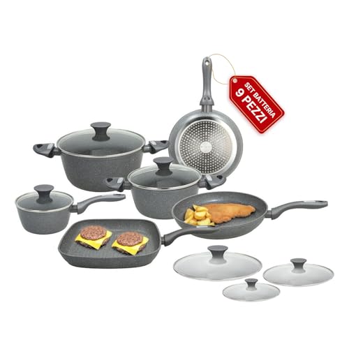 Avilia Juego de batería de 9 piezas de aluminio con revestimiento antiadherente – 2 sartenes, 3 cacerolas, 1 parrilla cuadrada y 3 tapas de vidrio templado – Cómodos mangos Soft Touch de baquelita
