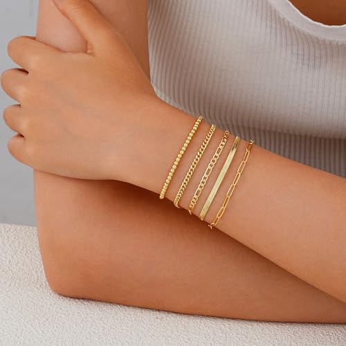 iF YOU Gold Bracelets for Women, 14K Gold Plated Stackable Bead Ball Cuban Link Paperclip Bracelets Bracelet Set, Layered Adjustable Bracelets for Women Waterproof Jewelry for Gift 5pc2