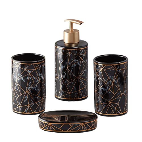 Image of Kookee Ceramic Bathroom Set - Stylish 4 Piece Bath Accessories Kit with Soap Dispenser, Toothbrush Holder, Tumbler & Soap Dish - Modern & Designer Decor for Home & Guest Bathrooms, Black /Gold (9757)