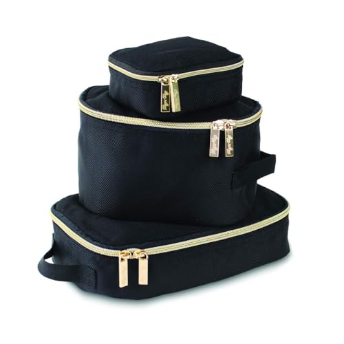 Itzy Ritzy Travel Packing Cubes – Set of 3 Baby Clothes Bag Organisers, Compression Cubes with Mesh Top, Fabric Handle, Travel Cubes for Backpack and Suitcases, Baby Essentials for Mums, Black & Gold