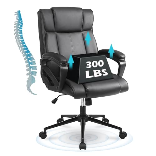 Image of Ermnois Executive Office Chair with Thicken Armrest, Ergonomic Home Office Desk Chair with Lumbar Support, Upholstered PU Leather Computer Gaming Chair for Home/Office, Black