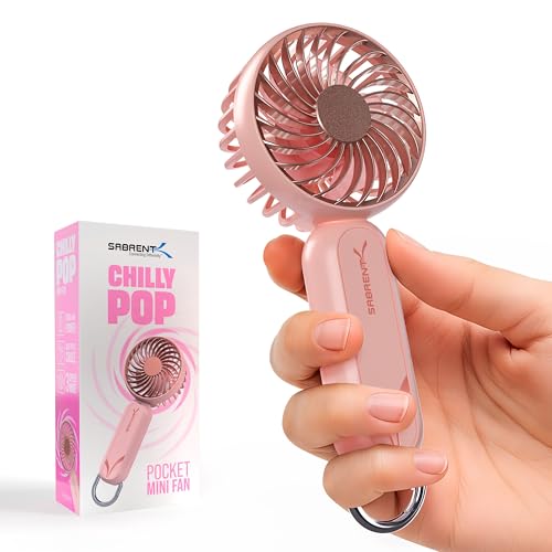 Image of SABRENT ChillyPop Mini Portable Handheld Personal Fan, Pink (HF-M2WH-RSE) | USB-C rechargeable, 3 speeds, Up to 8 hrs on low, Metal hanger included, Pocket-sized, Quiet gentle airflow, Travel & makeup