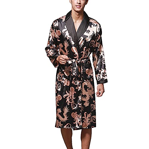 TBATM Männer Drachen Bademäntel, Leichte Seidenmäntel Mit Gürtel V-Ausschnitt Satin Kimono Roben Für Hochzeit Nachtwäsche Party Geburtstagsgeschenk Roben,Schwarz,3XL Cover