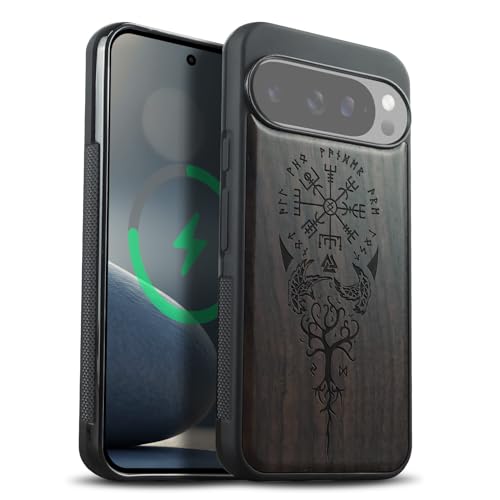 Carveit Magnetic Wooden Case for Google Pixel 10 Pro XL Case, Wood Artisan Engraved & Soft TPU Shockproof Cover, Compatible with MagSafe Wireless Chargers (The Guiding Vegvisir) Blackwood
