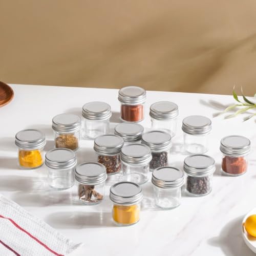 Image of Nestasia Set of 16 Mini Glass Jars with Airtight Silver Lids | Food-Grade Containers for Spices, Snacks, Dry Fruits, Candy & Kitchen Storage (50ml)