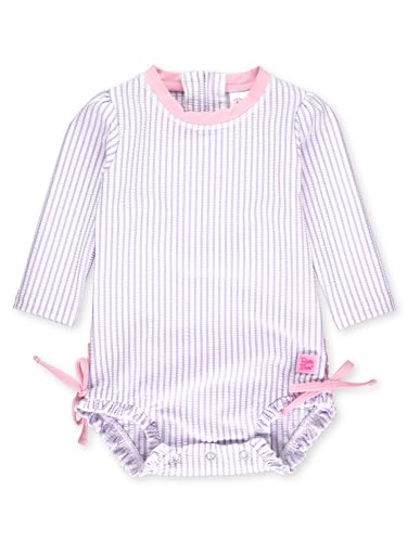 Image of RuffleButts Baby-Girls Seersucker Long Sleeve Rash Guard - One Piece Swimsuit UPF 50+ Toddler