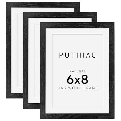 6x8 Oak Wood Picture Frame - Minimalist 6x8 Picture Frame, 6"x8" Frame Wood, Natural Solid Wooden Picture Frames for Wall Art Photo and Prints(3 Pack, Black)