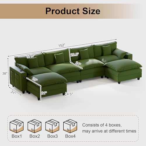 Image of KCGKCG 152 inch Modular Sectional Sofa, U Shaped Cloud Couch with Movable Ottoman, Chenille Deep Seat Cloud Sofa with Charging Station, Cup Holder, Side Pocket, Sectional Couches for Living Room, Green