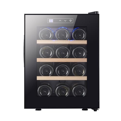 Zickdom Vinoteca,Vinoteca Pequeña,Vinotecas,Nevera Vinos,Cava de Vino,Vinoteca 12 Botellas, Wine Fridge Bajo Nivel sonoro Panel de Control Táctil para Bar Interior/Cocina/Hotel Negro Beech Shelves