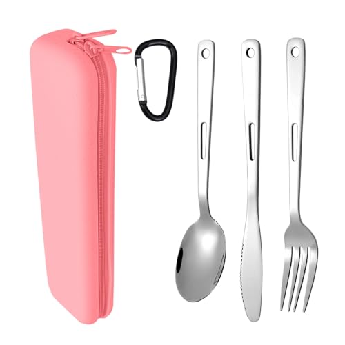 DMDFAN Travel Utensils Set with Silicone Case, Portable Silverware Set for Work Lunch Camping Picnic, Stainless Steel Reusable Travel Cutlery Set, Easy to Clean (Pink)