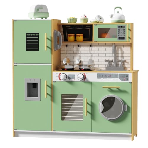Babytronic Wooden Kitchen Playset for Kids, Interactive Play Kitchen with Lights & Sounds, Children Pretend Toy Kitchen Set with Faucet, Oven, Microwave, Kitchenware for Toddlers Ages 3+ (Green&Wood) by Babytronic - Image 2