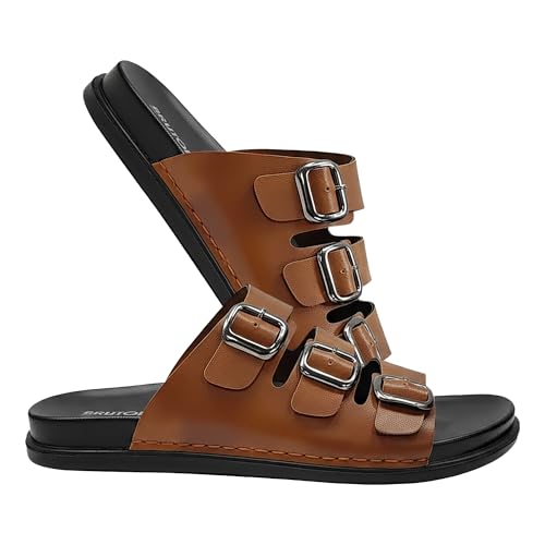 Image of Men's Premium Leather Toe Loop Slippers | Adjustable Buckle Slip-On Flats | Comfortable Cushioned Footbed | Casual Summer Beach Walking Slippers | Brown