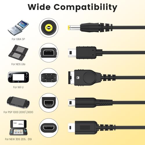 Image of Tobfit 5-in-1 Charger Cable for Nintendo DS Lite, for DS Lite, Wii U, New 3DS XL, 3DS, 2DS, DSi XL, Gameboy Advance SP, PSP 1000 /2000 /3000 - Multi-Compatible Charging Cable
