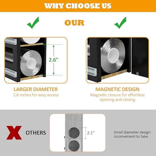 DALSHABET Bamboo Bag Organizer with Magnetic Closure, 6 In 1 Kitchen Drawer Foil and Plastic Wrap Dispenser with Cutter, Storage bag for Gallon, Quart, Sandwich, Snack Black