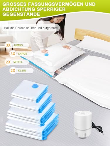 NATNAV Vakuumbeutel für Kleidung mit Elektrischer Luftpumpe, 10 Stück (3 Jumbo 100x80cm &3 Groß 80x60cm &2 x Mittel 70x50cm &2 Kleine 60x40cm), Durchsichtig für Reisen, Kissen Bettdecken Aufbewahrung