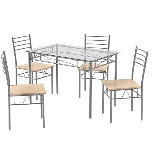 🪑~Set di tavolo e sedie stabile e sicuro~ Questo set tavolo e sedie cucina ha una struttura solida con angoli arrotondati e piedini antiscivolo sul fondo. Il tavolo rettangolare è realizzato in vetro temperato di alta qualità, che garantisce la vostra sicurezza quando lo utilizzate.
