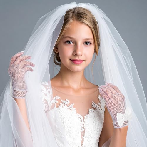 Girls Tea Party Gloves -Pearl Bow Tie Fish Net- Flower Girl Accessories for First Communion, Pageant,Wedding Halloween Cosplay Costume4