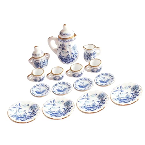 misppro Doll House Miniature Tableware Porcelain Ceramic Coffee Tea Set for 1:12 Scale Blue Flower - Thumbnail 7