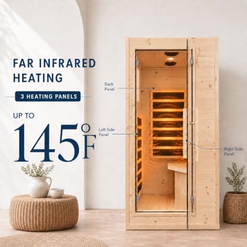 Mini Sauna 1 Person Far Infrared Sauna for Home, 4.9ft Space Saving Indoor Sauna with Side-Opening Glass Door & Side Window, Natural Spruce Wood Dry Spa, 900W Rapid Warm-Up, Bluetooth, Cup Holder - Image 2