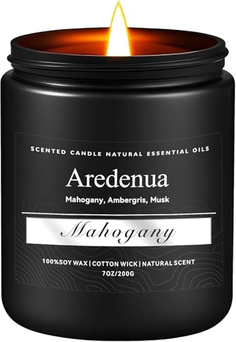 Image of Mahogany Candle | Scented Candles for Home, Manly Candles Gifts for Women Men - 7oz Soy Candle for Home Scented - Aromatherapy Gifts for Men - 50 Hours Long Burning - Black Jar