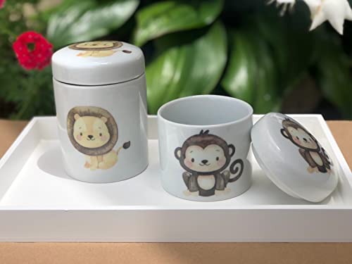 Kit higiene bebê Safari 6 peças - Bandeja, potes, porta álcool e molhadeira - Peças Porcelana Bandej