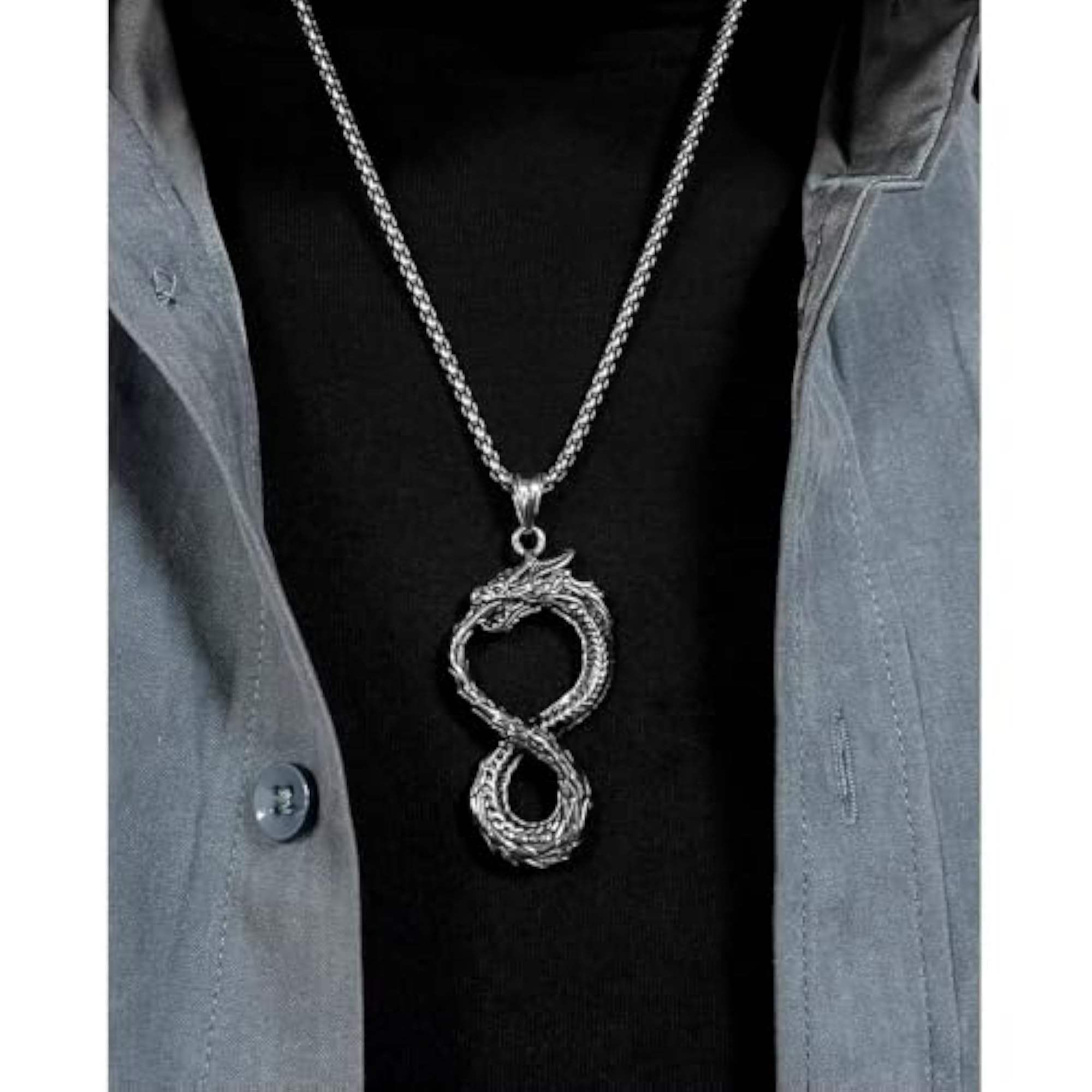 Men's Stainless Steel Silver Open Mouth Dragon Pendant Necklace