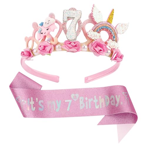 LunarCharm Diadema para el 7.º cumpleaños, Corona de Flores de cumpleaños y Banda Brillante para niñas, Decoraciones para el 7.º cumpleaños de niñas, Decoraciones para Fiestas de cumpleaños